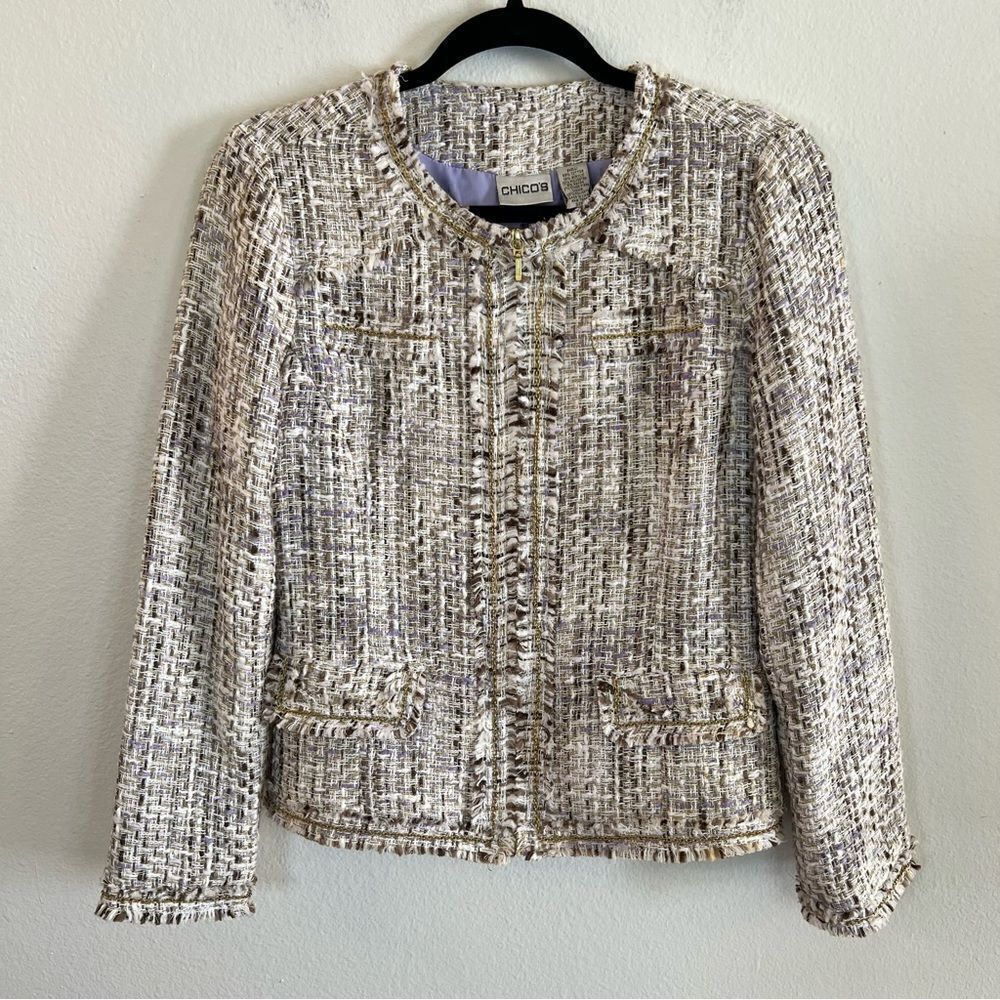 Chico’s Jacket Size 0 (small 4) Fringe Zip Front Beige Lined Career